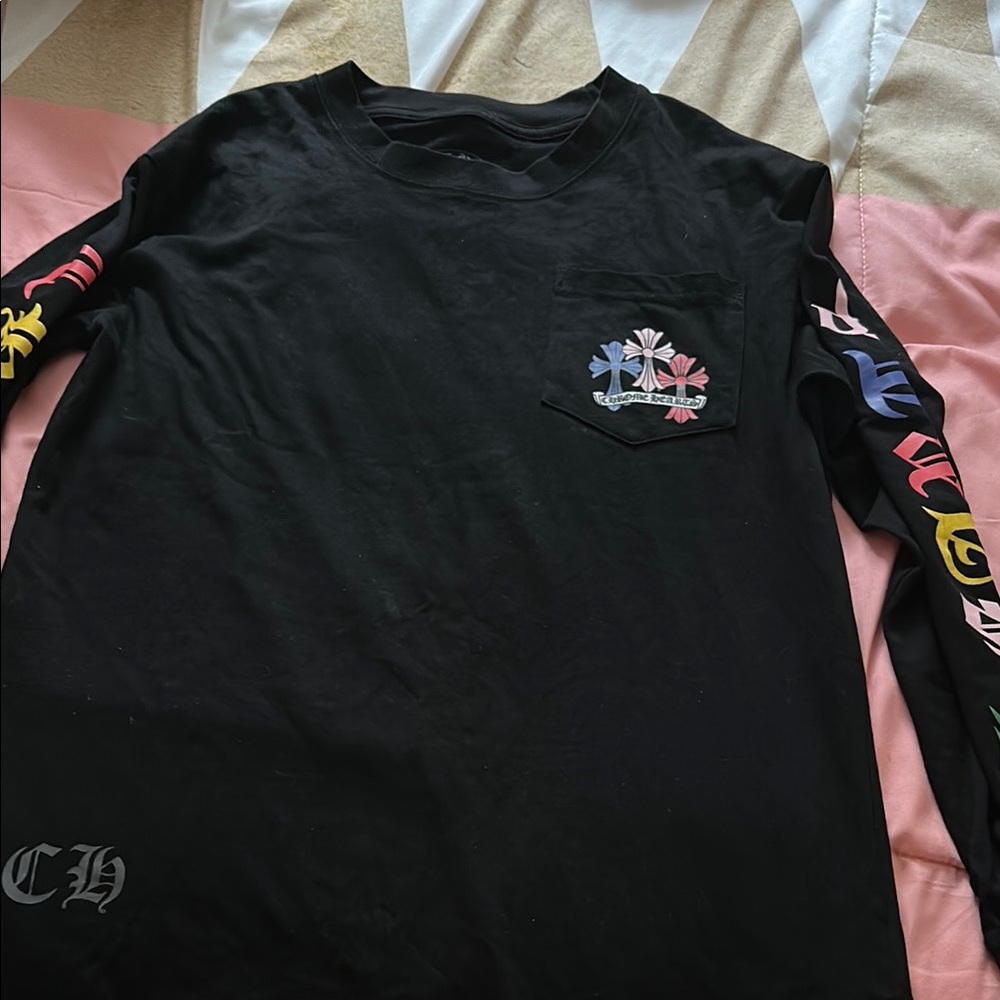 Chrome Hearts Black Long Sleeve Tee with Multicolor Graphics